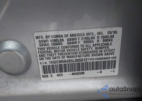 2005 Honda Accord Sdn 2.4 Lx из США, поврежденный, VIN 1HGCM56485L005012